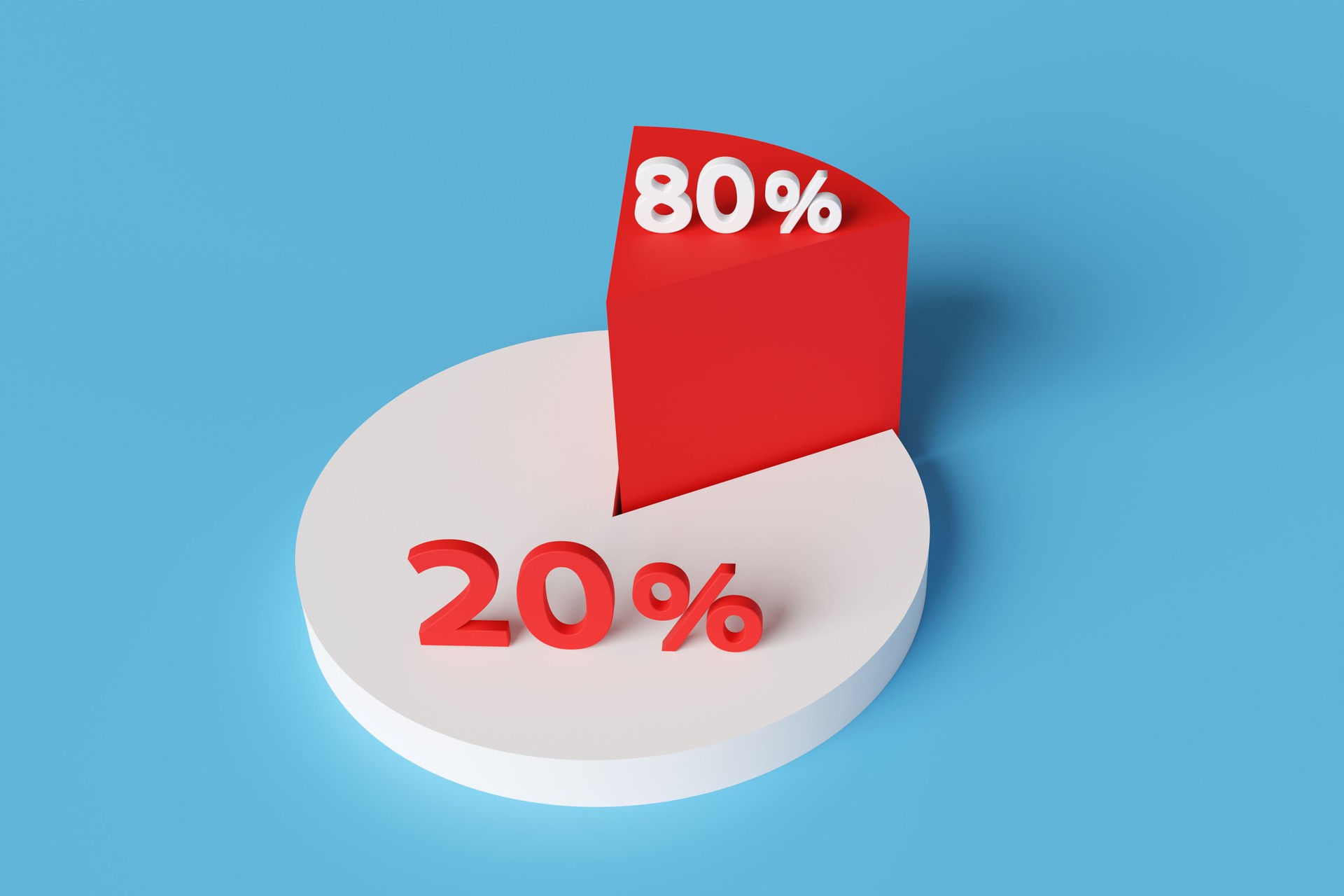 Pie chart with a larger white section and a smaller red section on blue background. Illustration of the concept of the Pareto Principle 80-20 rule and unfairness
