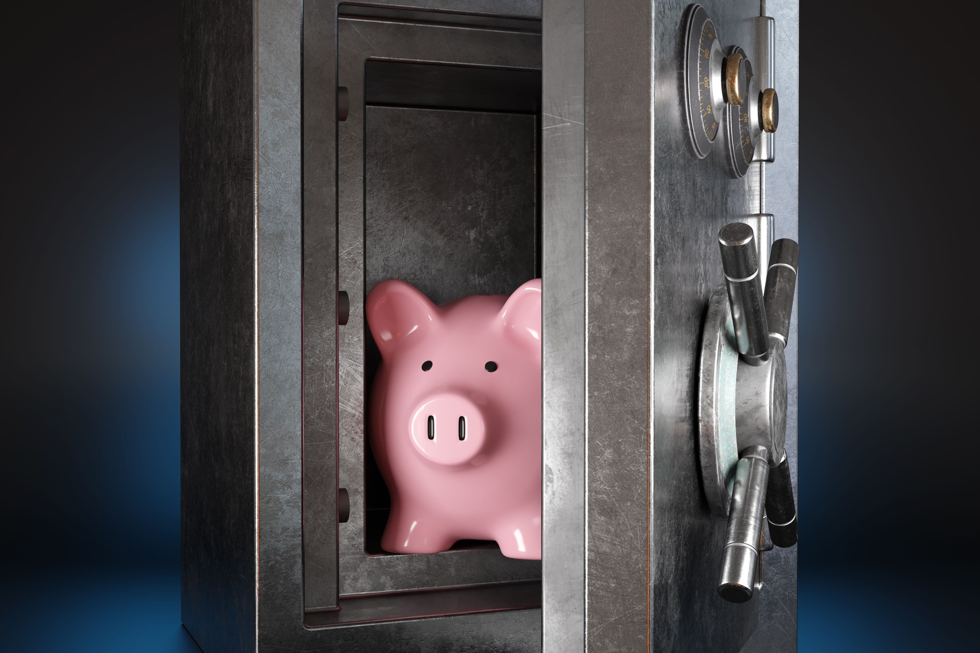 Pink piggy bank in a silver metallic vault safe having a handle wheel on dark background. Illustration of the concept of protection for savings account and financial security