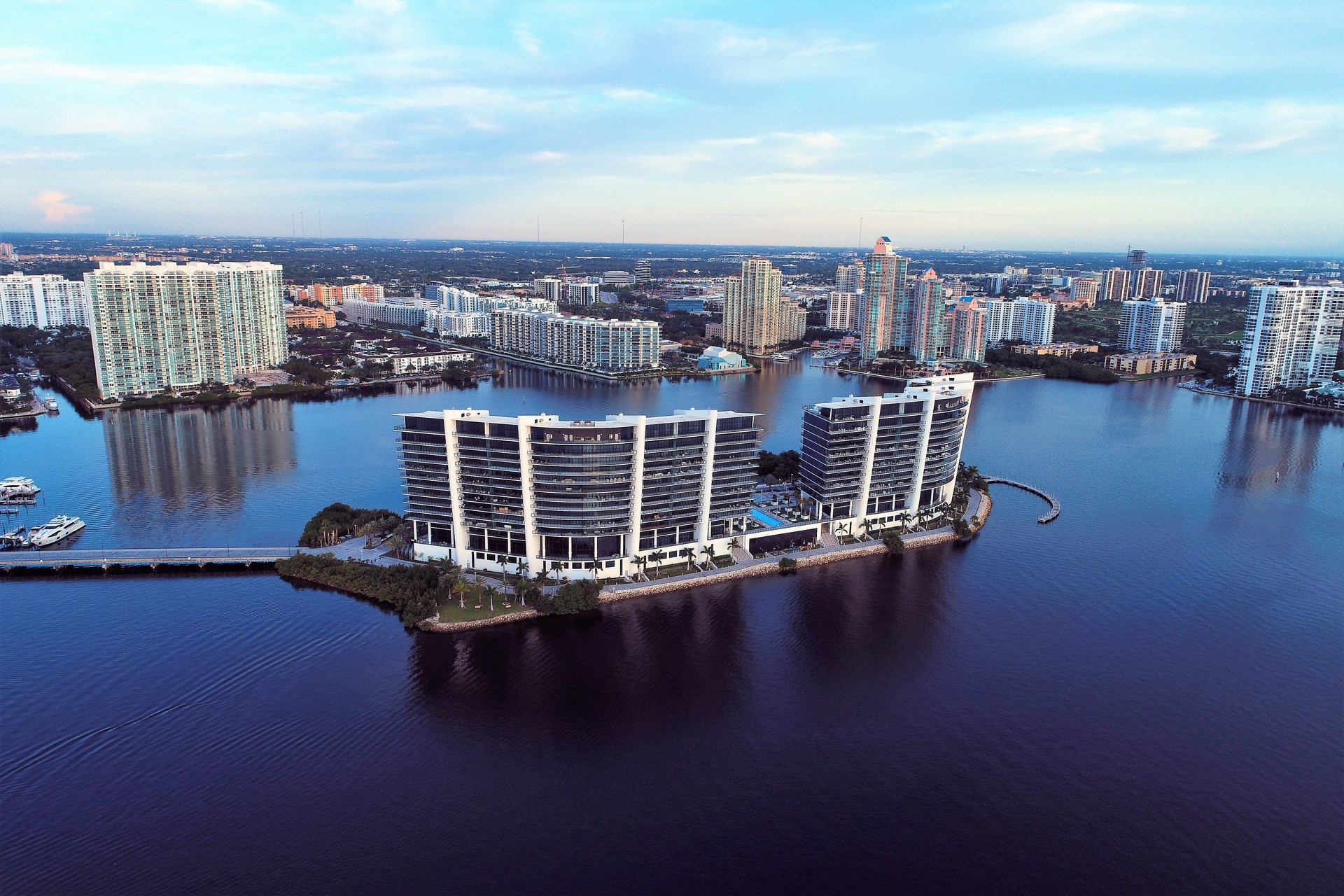 Aerial view of sunrise in Sunny Isles Beach, Miami, United States. Great landscape. Vacation travel. Tropical travel.