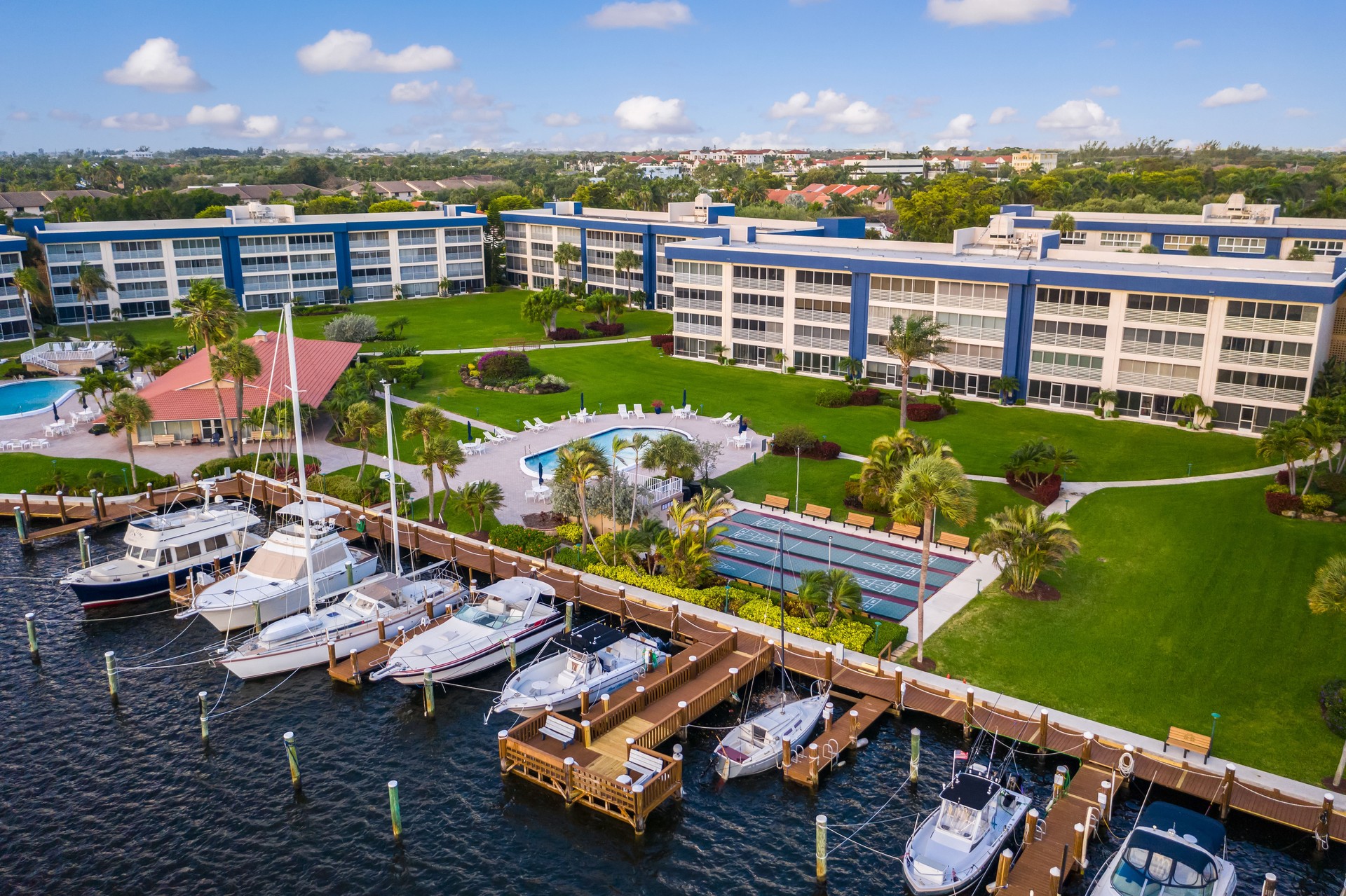 Drone aerial shot of waterfront condo